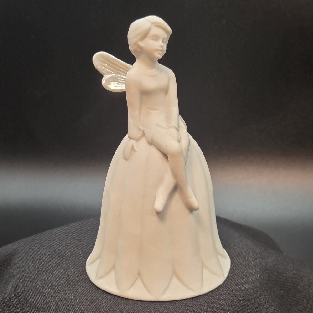 Vintage White Pixie Fairy Bell 1980 Quon Quon Japan Bisque Porcelain 4.5” Tall